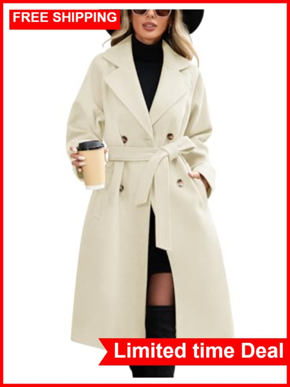 Women's Notch Lapel Double Breasted Long Pea Coat with Belt